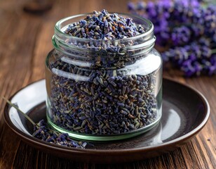 Lavender buds in jar, on plate. Close-up on wood grain