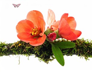 Coral blooms adorn mossy branch, butterfly flies above