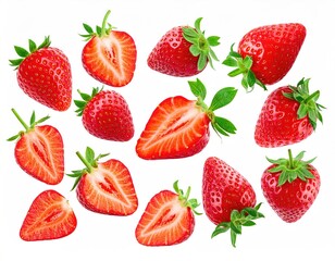 Strawberries, whole and sliced, scattered on white