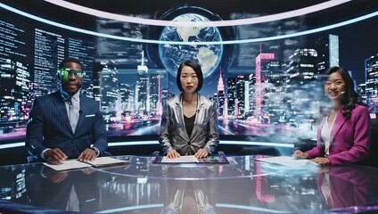 Diverse News Anchors Broadcast Live From Futuristic Studio With Digital Cityscape Background And Holographic Displays - Powered by Adobe