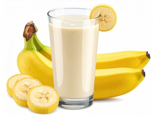 Banana smoothie in glass with bananas