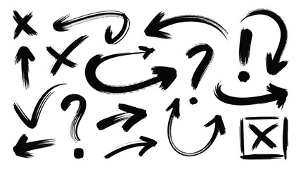 A diverse collection of hand drawn black arrows and abstract symbols presented on a clean white background for versatile design applications