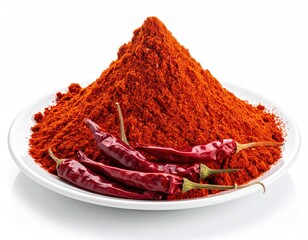 Red pepper powder with chili peppers on white plate