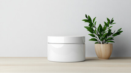 Fototapeta premium White cosmetic jar on wooden surface with small potted plant, minimalist clean scene