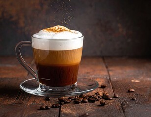 Layered coffee drink with foam & sprinkle on rustic wood