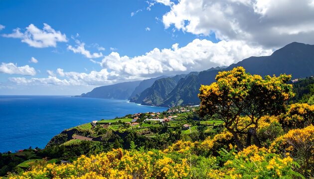 A vibrant coastal scene presents a panoramic view with the blue ocean, a green hillside, houses, and mountains under a cloudy sky