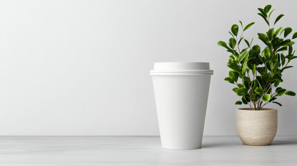 White paper coffee cup with matte lid on table next to potted plant, minimal serene scene