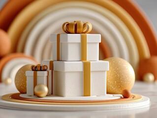 Minimalist Luxury Gift Display with Stacked White Boxes and Golden Ribbons on Warm Orange Background, Elegant E-commerce Style Ultra HD 8K Render