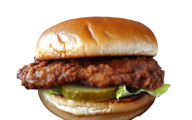 Southern fried pork chop sandwich with crispy coating PNG, isolated on transparent background.