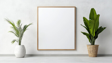 Blank wooden frame mockup with two potted green plants creating calm interior scene