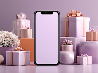 Tech E-commerce Product Display with Light Purple Background, Pink Gift Boxes and Black Smartphone, Soft Lighting Minimalist Style Ultra HD 8K Render