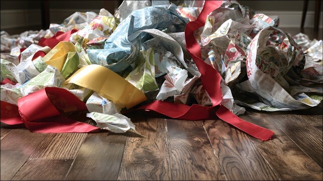 The morning after: a close-up of crumpled, torn Christmas wrapping paper with ribbons tangled together in a heap on the floor.