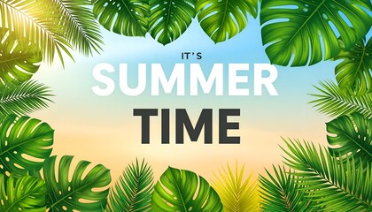 Tropical leaves frame the message "It's Summer Time" against a gradient sky