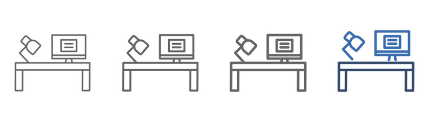 
outline icon set workspace with desk, computer and lamp design