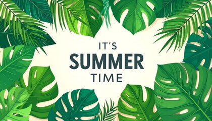 Lush green tropical leaves frame a message "It's Summer Time