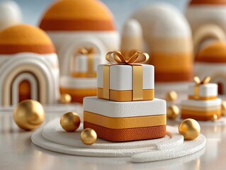 Minimalist Luxury Gift Display with Stacked White Boxes and Golden Ribbons on Warm Orange Background, Elegant E-Commerce Style Ultra HD 8K Render