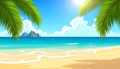 Cartoon image of a sunny beach with clear water, blue sky, palm leaves, and island