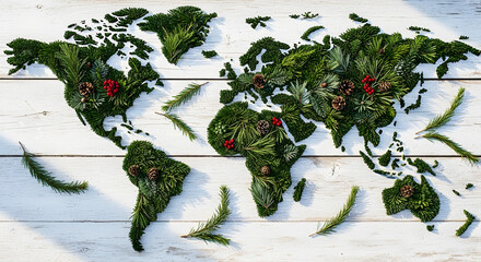World map created with green foliage and pine cones on wood  