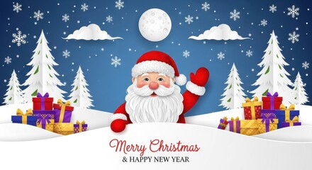 Festive christmas scene with santa claus, a snowman, decorated trees, gifts, and a merry christmas sign