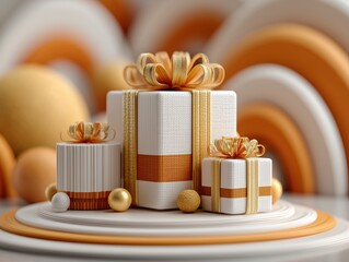 Minimalist Luxury Gift Display with Stacked White Boxes and Golden Decor on Warm Orange Background, Elegant E-commerce Style Ultra HD 8K Render