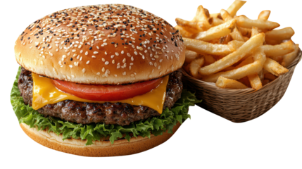 Classic cheeseburger with melted cheese and fresh toppings PNG, isolated on transparent background.