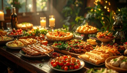 Fototapeta premium A lavish Christmas feast spread across a rustic wooden table, adorned with an array of delectable dishes and festive decorations, creating a warm and inviting holiday atmosphere.