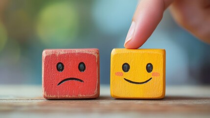 Two wooden blocks depict contrasting emotions: a sad red block and a happy yellow block, with a finger about to touch the smiling face.