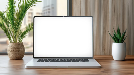 Fototapeta premium Minimal workspace laptop with blank screen on wooden desk, cozy modern plants and window light