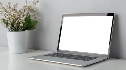 Fototapeta premium Silver laptop mockup on minimalist desk with potted flowers, clean bright mood