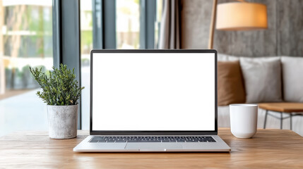 Fototapeta premium Silver laptop with blank screen on wooden table near plant and mug, cozy modern living room scene