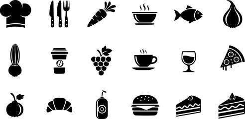 Silhouette icons of cooking utensils and ingredients for kitchen design