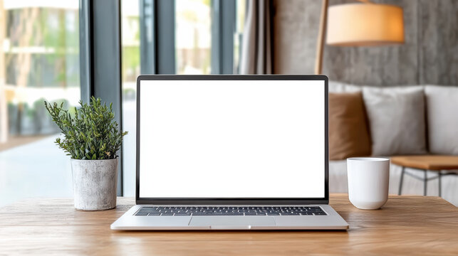 Silver laptop with blank screen on wooden table near plant and mug, cozy modern living room scene - Powered by Adobe