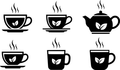 Minimalist tea icons set: herbal hot drink silhouettes with steam and leaves