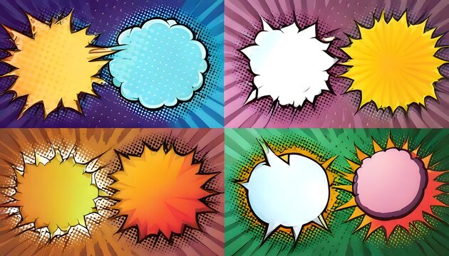 Vibrant comic book style speech bubbles and explosive elements set, perfect for dynamic graphic design concepts and retro-themed projects with bold visual appeal