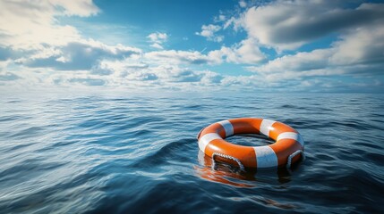 A lifebuoy floats on calm ocean waters under a bright blue sky, symbolizing safety and rescue.