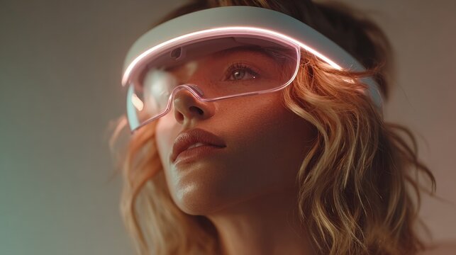 Woman wearing futuristic VR headset immersed in virtual reality, experiencing innovative technology and modern design