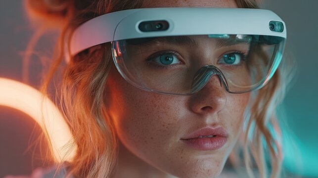Woman wearing augmented reality glasses, envisioning the future of technology and its impact, innovative digital interface