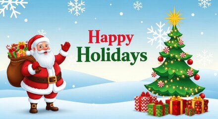 Merry christmas greeting with santa claus, festive trees, snow, and sparkling lights on a dark blue background