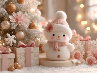 Cozy Warm Christmas Display Scene with Snow-Dusted Tree, Snowman, and Pink Ribbon Gifts on Light Beige Background, Ultra HD 8K Render