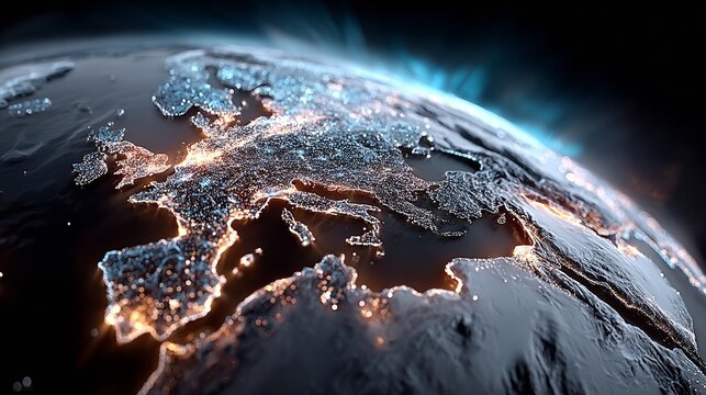 Stunning illuminated Earth at night with glowing city lights, representing global connectivity and data flow, ideal for tech and business concepts