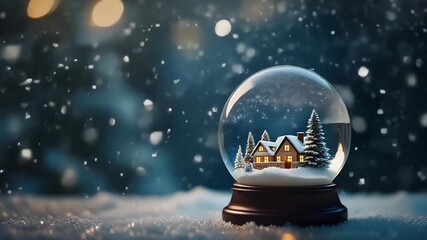 Enchanting winter snow globe holding a miniature lighted house during a peaceful, snowy holiday night scene - Powered by Adobe