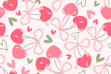 Valentine day valentine seamless pattern with cherry heart flower and bow design for fabric, cotton, wallpaper, satin all types of print textile and background
