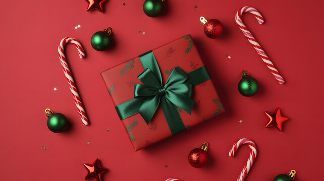 Top view of a red christmas gift box with green ribbon surrounded by candy canes and shiny ornament decoration on red background