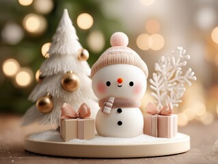 Soft Warm Christmas Still Life with Snowy Tree, Snowman in Pink Santa Hat, and Gift Boxes on Light Beige Background, Cozy Healing Atmosphere Ultra HD 8K