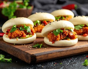Chicken bao buns on a wooden board, garnished