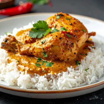 Delicious Chicken Curry with Rice and Fresh Cilantro.