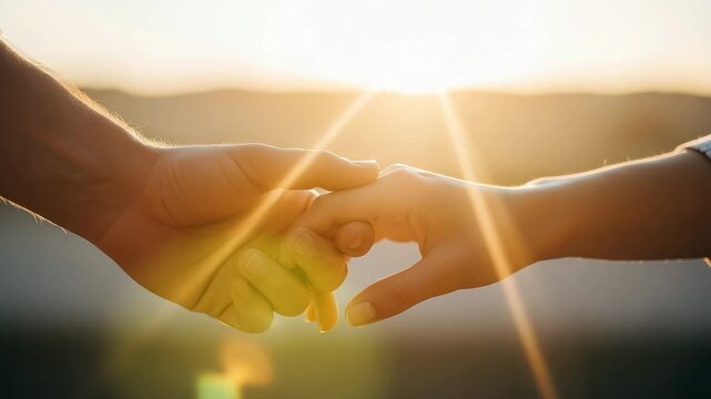 Closeup of two hands reaching out to each other in a warm, sunlit setting, symbolizing love and connection