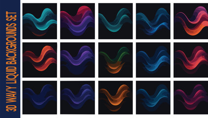 Vivid Wave Backgrounds Set: A collection of vibrant 3D wavy liquid backgrounds that radiate energy and movement, each showcasing a unique color palette, ready to enhance any design.