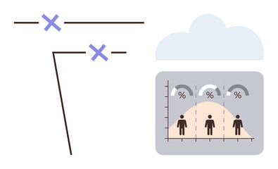 Bell curve showing human population distribution under percent symbols, connected to decision points on a chart. Ideal for statistics, analysis, decision-making, prediction, planning, research