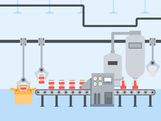 The process involves several automated steps an industrial jam processing and packaging. Food industry vector illustration. Flat illustration concept.